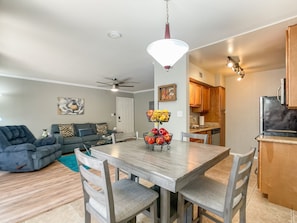 Dining area, kitchen and