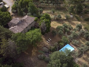 The pool and the house are set among olive groves