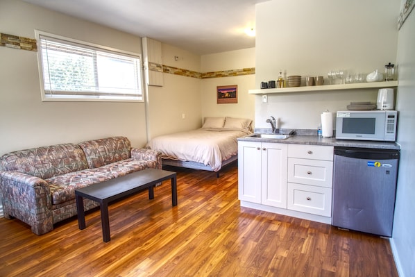 Kitchenette with comfortable couch and queen sized bed