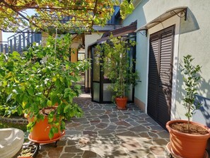 The exterior of the house with a well-kept garden.