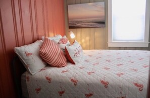 Bedroom 2 - queen bed, closet space with shelving 