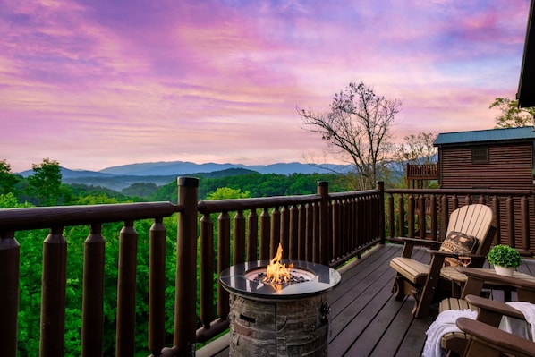 The top patio offers a stunning mountain view.