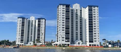 View of condo buildings from back bay