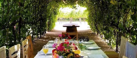 60ft grapevine pergola with 2 14 ft wine barrel tables offering plenty of shade 