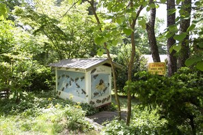 Porch overlooking views of my yard and the Bee Bed !