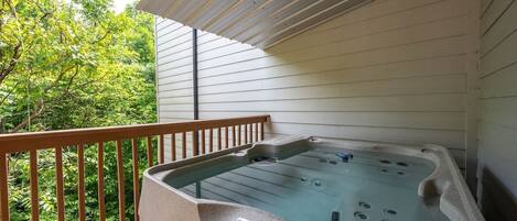 Welcome, take a breath of fresh air while relaxing in your private hot tub during these cooler months.