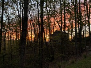 Treetop House Brevard at sunset.
