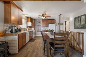 Kitchen located upstairs.