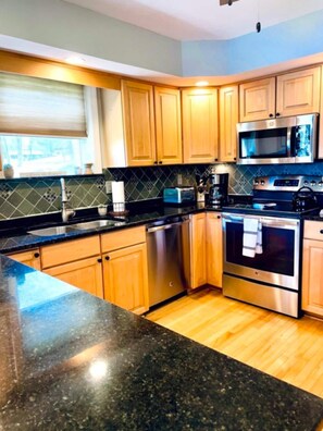 A well equipped kitchen to make pancakes and coffee in the morning