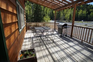 Drift House front porch is sunny and dry.  The Sterling Highway is visible in background.