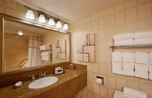 Full bathroom with a shower. Basic toiletries and towels are provided