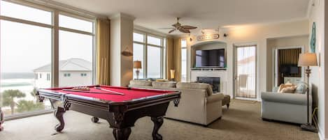 Gulf front living room with a pool table!