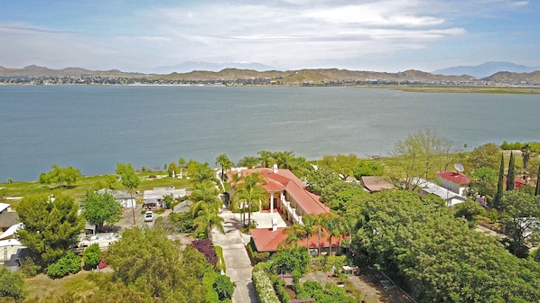 Birdseye view of lake house in California.