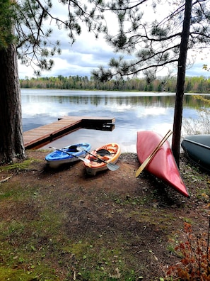 We provide kayaks and a canoe for our guests to use, along with life vests.