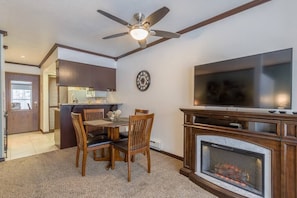 "Dining Area, electric fireplace"