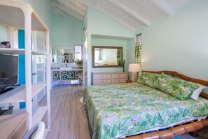 The bedroom features central AC, a king size bed and large screen television.