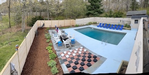 Updated pool area with extended fence area for your furry friends and games!
