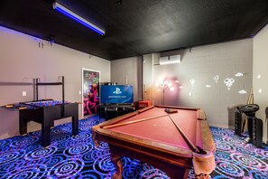 Game Room with Slate Pool Table, Air Hockey, Foosball, Playstation and Karaoke Machine