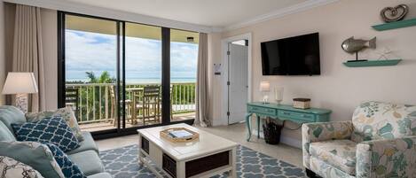 The updated living room is great for watching TV and the boats go by....