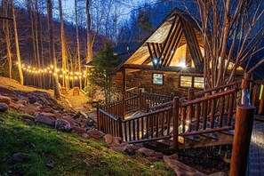 Welcome to Rocky River Lodge! Twilight is a special time - unwind from a day of hiking nearby and get ready to hit the town! Or enjoy the fire pit and hot tub while listening to the river ramble by.