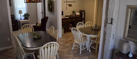 The dining room seats a total of 12 guests comfortably. 