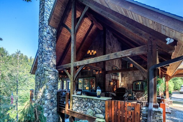 Outdoor stone-stacked fireplace...