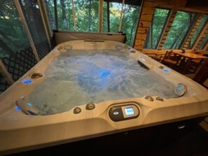 HUGE 10 Person Jacuzzi Brand Hot Tub In A Big Screened In Porch With A Bench