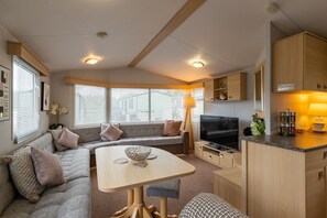 Spacious seating area with smart TV