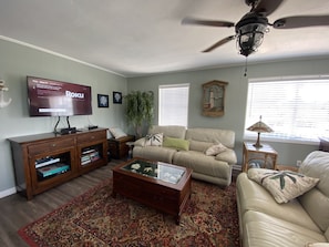 Living area with leather sofas that recline 