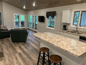 Kitchen island and living room