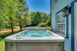 Exterior | Private Hot Tub | Spacious Yard w/ Fire Pit