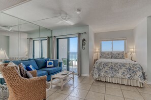 Living Area/Bedroom - This unit offers queen bedding and a sofa sleeper for additional guests. And don't forget this unit is Gulf Front with endless 8th floor views!