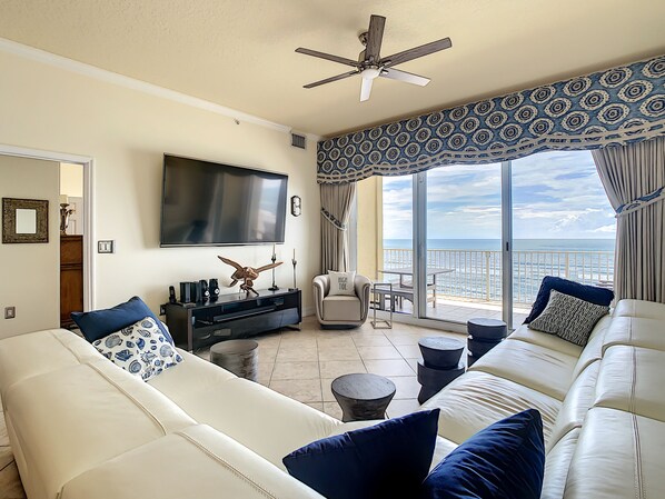 Living room with sectional and TV