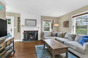 Living room with working fireplace