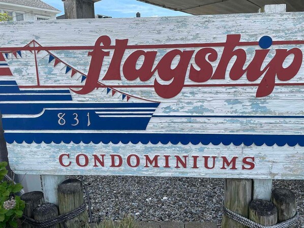 Flagship behind boardwalk