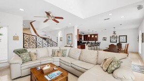 Leather sectional seats 7-8 in main floor living room.  Add a bench to seat more