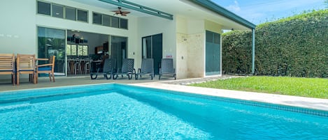 Private pool. Three bedrooms. Walk to the beach. 