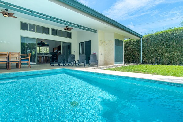 Private pool. Three bedrooms. Walk to the beach. 