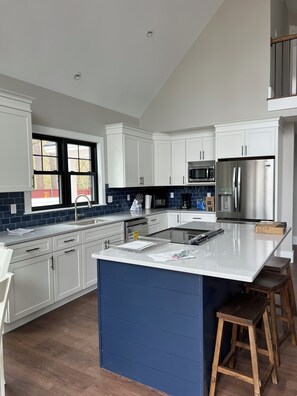 Open concept kitchen…island stove looks out into the living room.