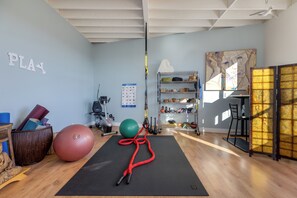 Gym - lots of mats, bands, kettle bells, free weights and bike