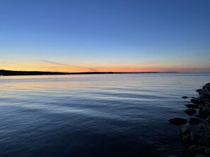 Lake Michigan at sunset, a 10-minute walk from our home, along a beachfront park