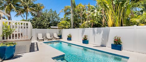 Private Backyard pool with nighttime mode lightening. Heated for winter season. 