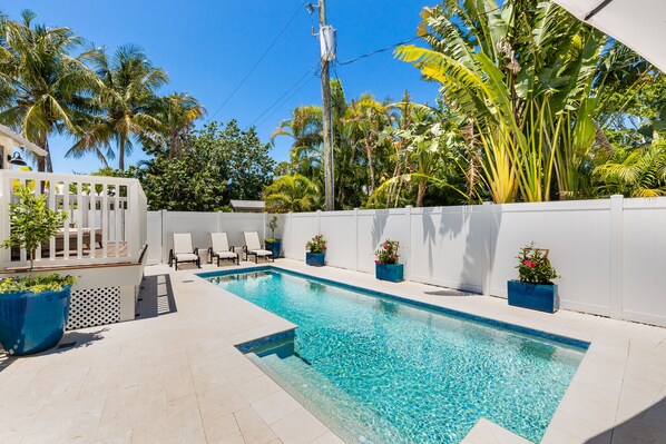 Private Backyard pool with nighttime mode lightening. Heated for winter season. 