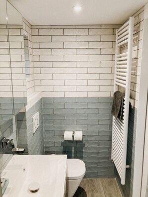 Shower room with heated tower rail