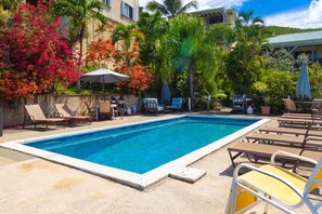 Saltwater pool with plenty of seating and propane grill.