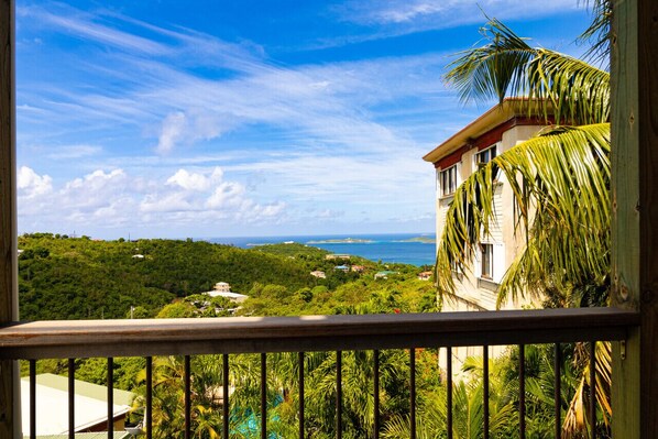 View of pool and sea from our deck.