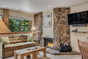 Living room with wood-burning fireplace