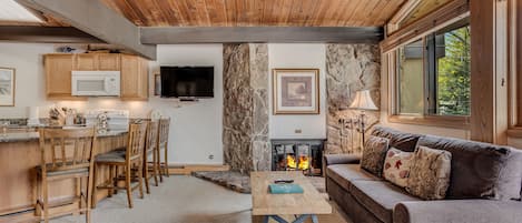 Living room with wood-burning fireplace