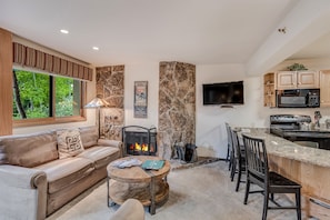Living area with wood-burning fireplace