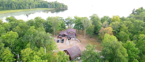 Cabin is angled to view 3 Bays into Woman Lake.  3 Sides are DNR land.  Private.